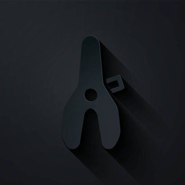 Kağıt kesiği bisiklet koltuğu simgesi siyah arkaplanda izole edilmiş. Bisiklet eyeri. Kağıt sanatı tarzı. Vektör.