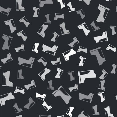 Grey Waterproof rubber boot icon isolated seamless pattern on black background. Gumboots for rainy weather, fishing, gardening.  Vector