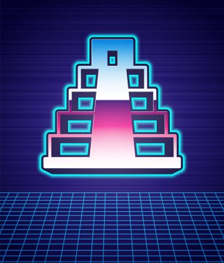 Maya ikonunda Chichen Itza 'nın Retro stili fütüristik manzara arka planında izole edildi. Antik Maya piramidi. Meksika 'nın ünlü anıtı. 80 'lerin moda partisi. Vektör