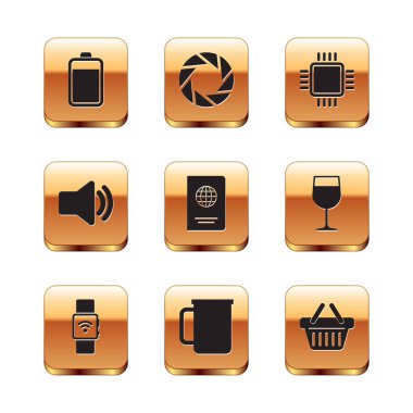 Set Battery, Smartwatch with wireless, Coffee cup, Passport, Speaker volume and Processor CPU icon. Vector