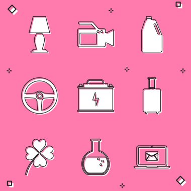 Set Table lamp, Cinema camera, Household chemicals bottle, Steering wheel, Car battery and Travel suitcase icon. Vector