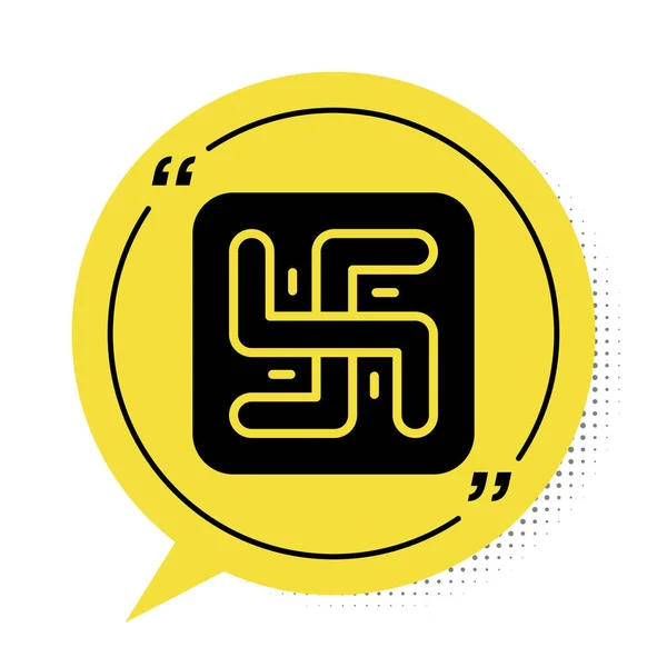 Black Hindu swastika religious symbol icon isolated on white background. Yellow speech bubble symbol. Vector.