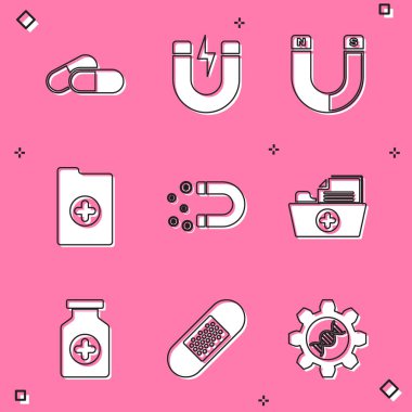 Set Medicine pill or tablet, Magnet with lightning, , Clinical record, money and Health folder icon. Vector