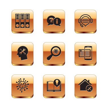 Set Office folders, Bacteria, Interesting facts, Microorganisms under magnifier, Human head service, Headphones with speech bubble chat, House and Question and Exclamation icon. Vector