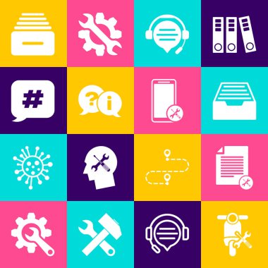 Set Scooter service, File document, Drawer with documents, Headphones speech bubble chat, Question and Exclamation, Hashtag,  and Mobile icon. Vector