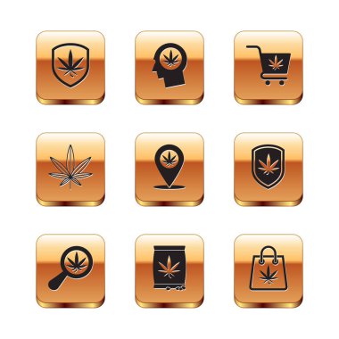 Set Shield and marijuana, Magnifying glass, Marijuana or cannabis seeds, Location, leaf, Shopping cart with, bag of and Head profile icon. Vector