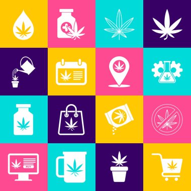 Set Shopping cart with marijuana, Stop, Test tube, Marijuana or cannabis leaf, Calendar and, Watering, oil and Location icon. Vector