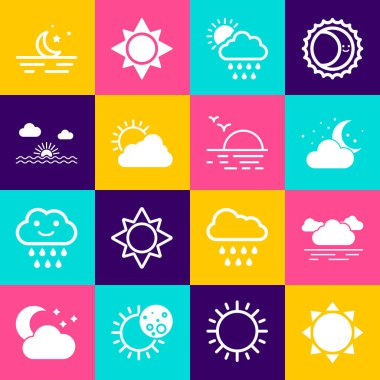 Set Sun, Cloud, with moon and stars, rain sun, cloud weather, Sunset, Moon and  icon. Vector