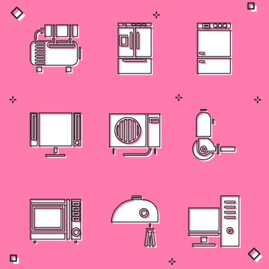 Set Air compressor, Refrigerator, Smart Tv, conditioner and Angle grinder icon. Vector