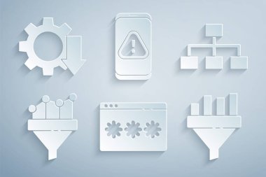 Set Password protection, Hierarchy organogram chart, Sales funnel with, Mobile exclamation mark and Cost reduction icon. Vector