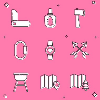 Set Swiss army knife, Canteen water bottle, Wooden axe, Carabiner, Smart watch showing heart beat rate, Crossed arrows, Barbecue grill and Location of the forest on map icon. Vector
