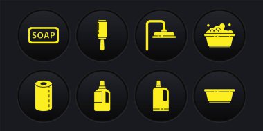 Set Paper towel roll, Plastic basin with soap suds, Fabric softener, Shower head, Adhesive roller,  and Bar icon. Vector