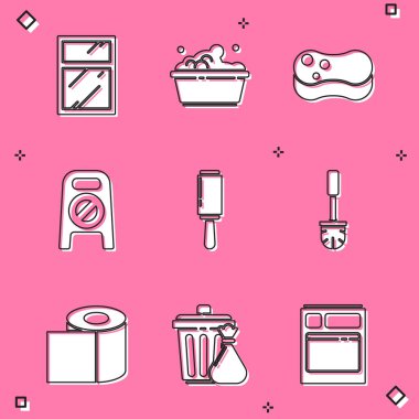 Set Cleaning service for windows, Plastic basin with soap suds, Sponge, Wet floor and cleaning progress, Adhesive roller, Toilet brush, paper and Trash can garbage bag icon. Vector