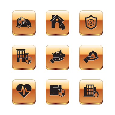 Set Car with shield, Health insurance, Delivery security, Piggy bank, House, Shield dollar, Fire burning house and flood icon. Vector