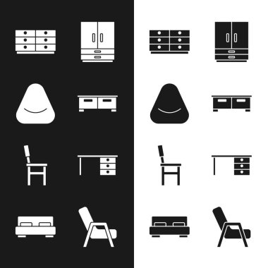 Set Chest of drawers, Pouf, Wardrobe, Chair, Office desk, Armchair and Big bed icon. Vector