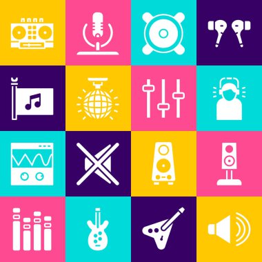 Set Speaker volume, Stereo speaker, Man in headphones, Disco ball, Music festival flag, DJ remote and mixing music and equalizer icon. Vector