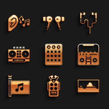 Set Drum machine, Microphone, Music wave equalizer, Home stereo with speakers, festival flag, DJ remote and mixing music, Air headphones and Ear listen sound signal icon. Vector