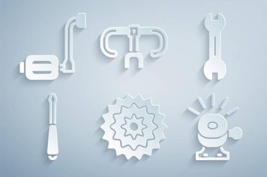 Set Bicycle cassette, Wrench spanner, Screwdriver, bell, handlebar and pedal icon. Vector