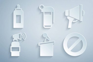 Set Stage stand or tribune, Megaphone, Air horn, Ban, Hand grenade and Paint spray can icon. Vector