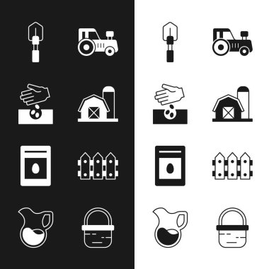 Set Farm house, Seeds, Shovel, Tractor, Pack full of seeds of plant, Garden fence wooden, Basket and Jug glass with milk icon. Vector