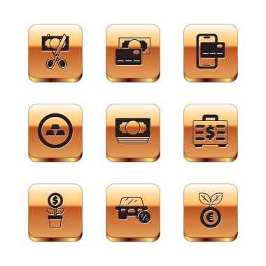Set Scissors cutting money, Dollar plant, Car leasing percent, Stacks paper cash, Gold bars, Mobile banking, Euro and Credit card icon. Vector