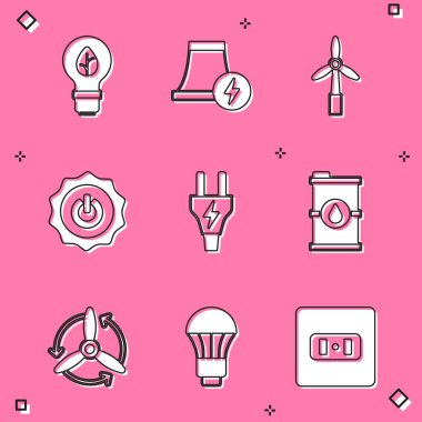 Set Light bulb with leaf, Nuclear power plant, Wind turbine, Power button, Electric plug, Bio fuel barrel,  and LED light icon. Vector