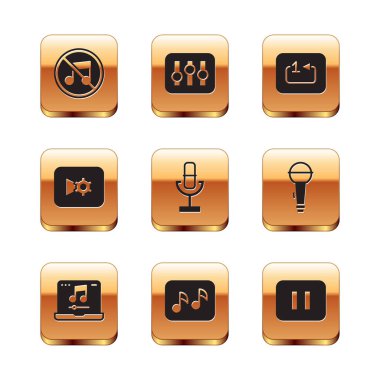 Set Speaker mute, Laptop with music, Music note, tone, Microphone, or video settings, Repeat track player, Pause button and Sound mixer controller icon. Vector