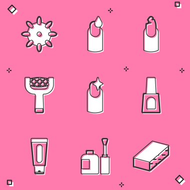 Set False nails, Manicure, Broken, Nail file, manicure, Bottle of polish, Tube hand cream and  icon. Vector