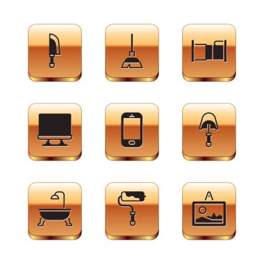 Set Knife, Bathtub, Paint roller brush, Mobile phone, Smart Tv, Bed, Picture and Handle broom icon. Vector