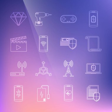 Set line Document protection, Laptop with shield, Paper scroll, Gamepad, Smartphone wireless, Movie clapper, Diamond and Money icon. Vector