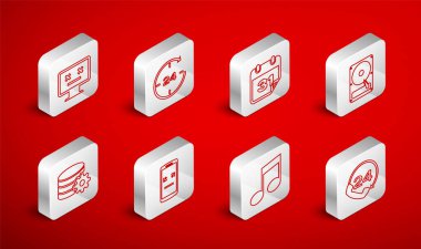 Set line Telephone 24 hours support, Clock, Calendar, Hard disk drive HDD, Music note, tone, Dead monitor, mobile and Setting database server icon. Vector