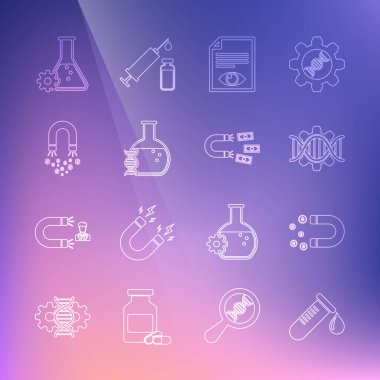 Set line Test tube with drop of blood, Magnet money, Genetic engineering, Paper page eye, DNA research, search, Bioengineering and  icon. Vector