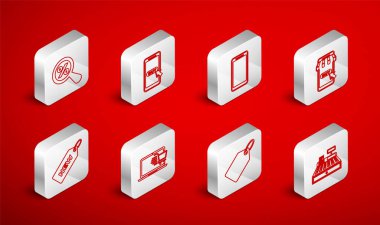 Set line Cash register machine, Mobile and shopping cart, Smartphone, mobile phone, Label template price tag, Magnifying glass with percent, Shopping laptop and Price New icon. Vector