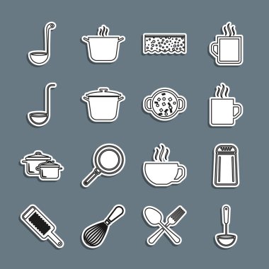 Set line Kitchen ladle, Salt and pepper, Coffee cup, Sponge with bubbles, Cooking pot,  and soup icon. Vector