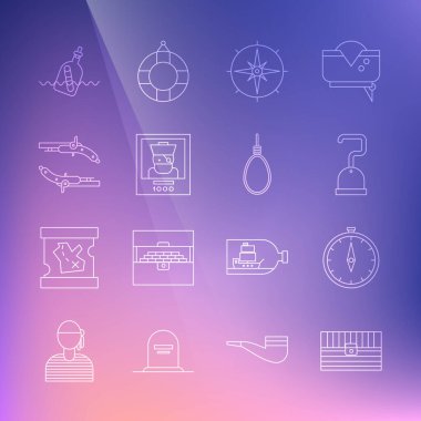 Set line Antique treasure chest Compass Pirate hook Wind rose Wanted poster pirate Vintage pistols Bottle with message water and Gallows rope loop hanging icon. Vector.