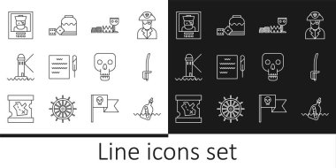 Set line Bottle with message in water Pirate sword Treasure and riches Feather pen scroll Lighthouse Wanted poster pirate Skull and game dice icon. Vector.