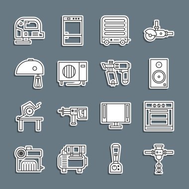 Set line Construction jackhammer Oven Stereo speaker Electric heater Air conditioner mixer jigsaw and Nail gun icon. Vector.