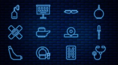 Set line Stethoscope Pipette Safety goggle glasses Bedpan Crossed bandage plaster Medical oxygen mask Otolaryngological head reflector and Eye test chart icon. Vector.