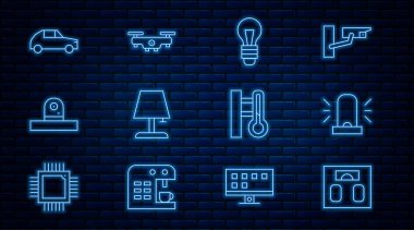Set line Bathroom scales Flasher siren Light bulb Table lamp Security camera Car Meteorology thermometer and Drone flying icon. Vector.