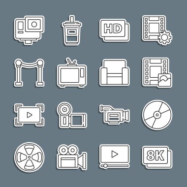 Set line 8k Ultra HD CD or DVD disk Play Video Hd movie tape frame Retro tv Rope barrier Action extreme camera and Cinema chair icon. Vector.