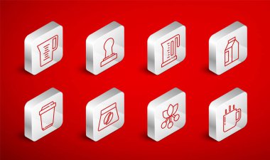 Set line Coffee cup tamper Electric kettle Bag coffee beans bean branch Jug glass with water and to go icon. Vector.