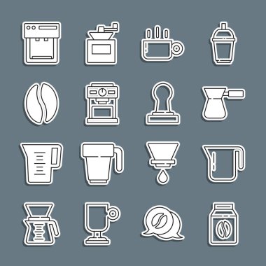 Set line Bag of coffee beans Coffee pot turk cup machine and tamper icon. Vector.