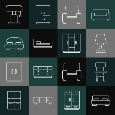 Set line Big bed Chair Table lamp Armchair Bed and Wardrobe icon. Vector.