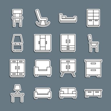 Set line Chest of drawers Furniture nightstand Chair Bed Wardrobe Table lamp and icon. Vector.