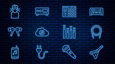 Set line Electric bass guitar Audio jack Drum machine Music streaming service Air headphones Man equalizer and Guitar amplifier icon. Vector.