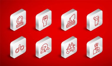 Set line Police officer Raised hand with clenched fist Lying burning tires Hand grenade Gas mask helmet and Handcuffs icon. Vector.