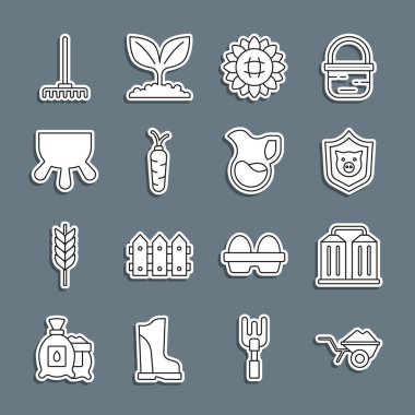 Set line Wheelbarrow with dirt Granary Shield pig Sunflower Carrot Udder Garden rake and Jug glass milk icon. Vector.