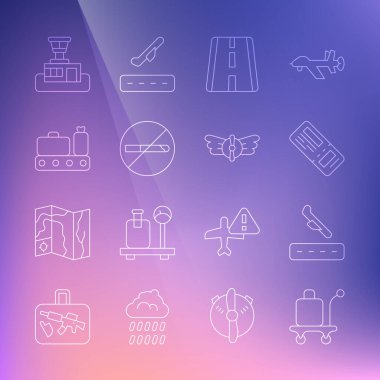 Set line Trolley baggage Plane landing Airline ticket Airport runway No Smoking Conveyor belt with suitcase control tower and Aviation emblem icon. Vector.