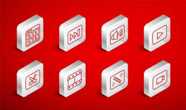 Set line Play video button Fast forward Speaker volume Photo retouching Music playlist and editing icon. Vector.