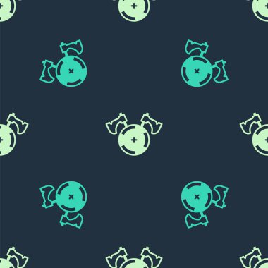 Green and beige Medieval shield with crossed axes icon isolated seamless pattern on blue background. Battle axe, executioner axe.  Vector